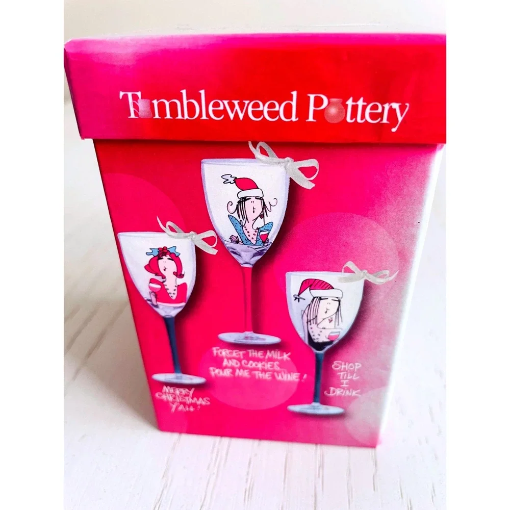 Tumbleweed Pottery Let It‎ Flow Wine Glass Ornament Hand Painted Mini Boxed